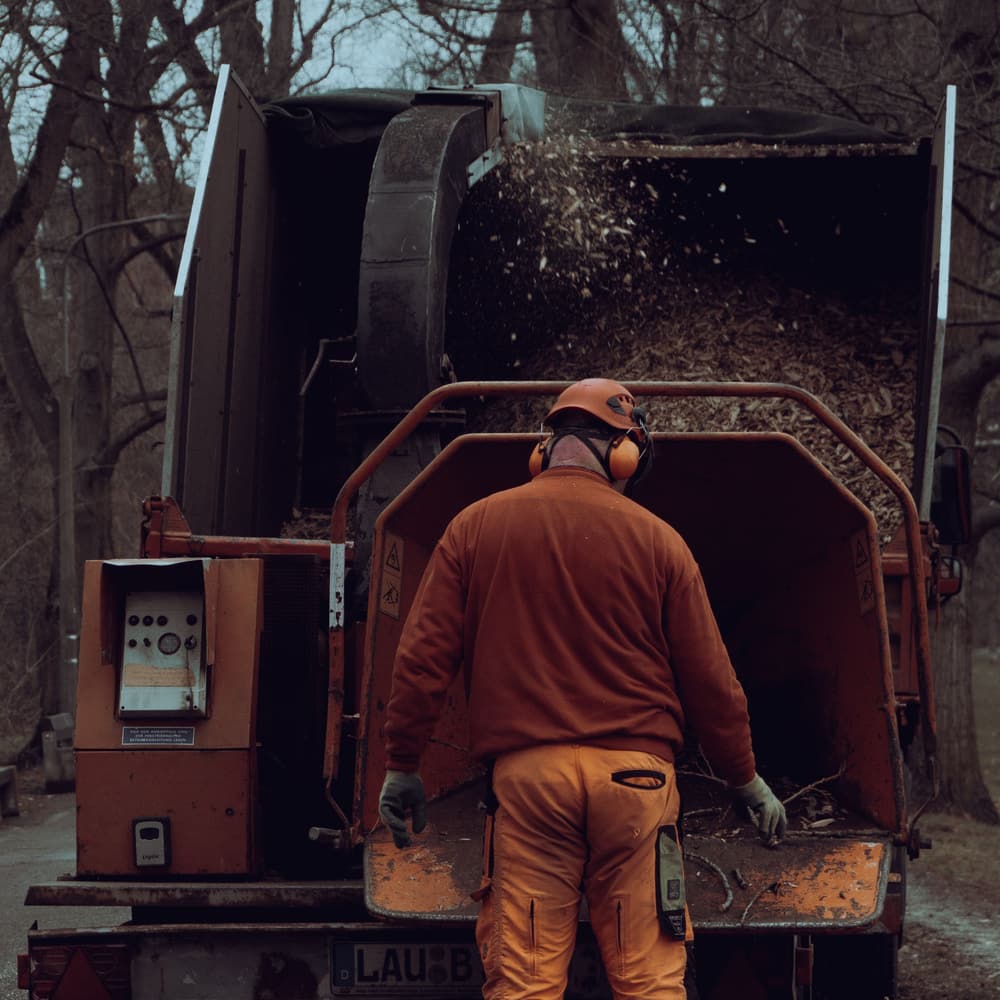 A worker running a chipper at the edge of a treeline