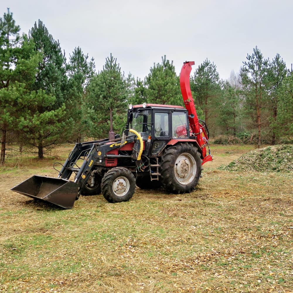 A tractor set up for clearing work at the edge of a conifer stand
